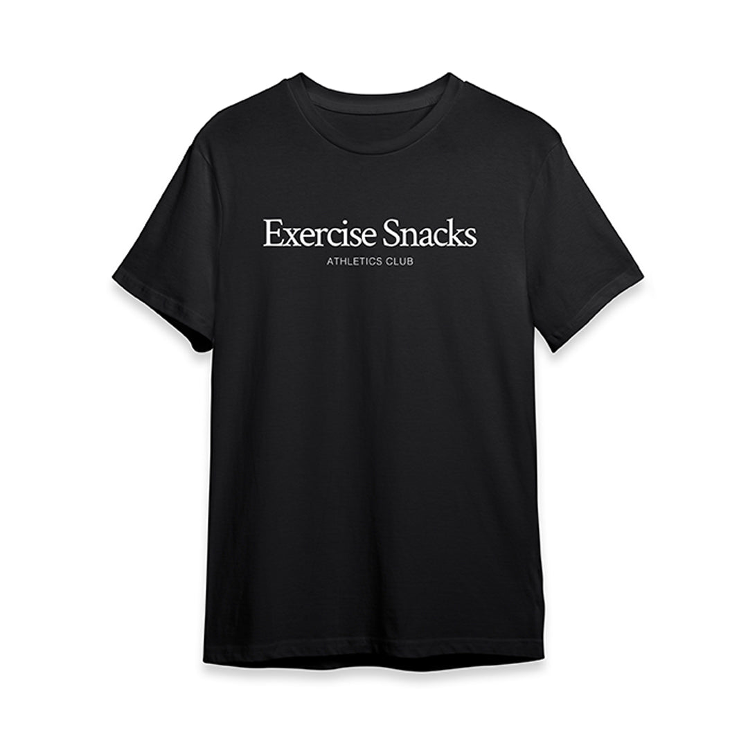 Black t-shirt with 'Exercise Snacks Athletics Club' text on a white background
