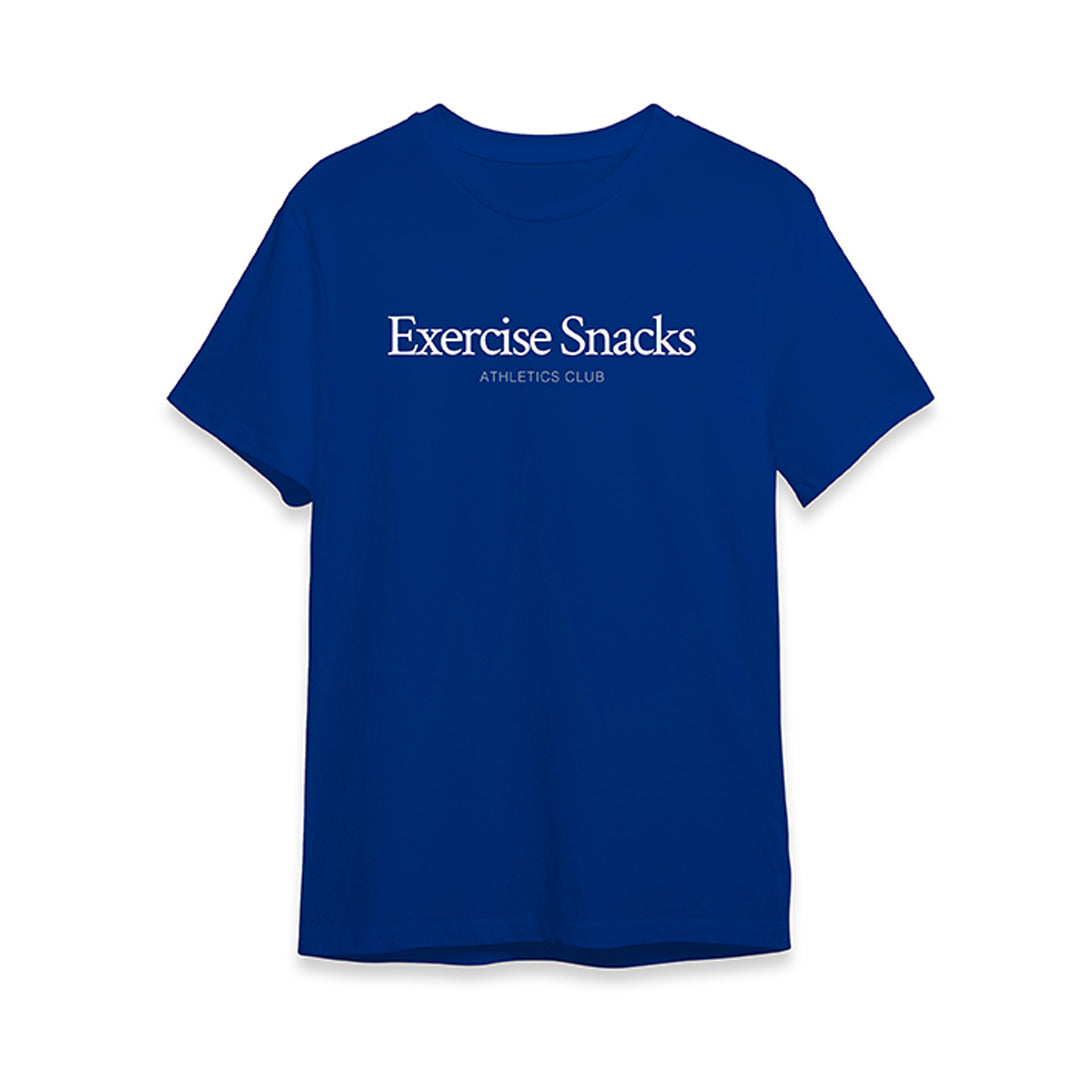 Blue t-shirt with 'Exercise Snacks Athletics Club' text on a white background