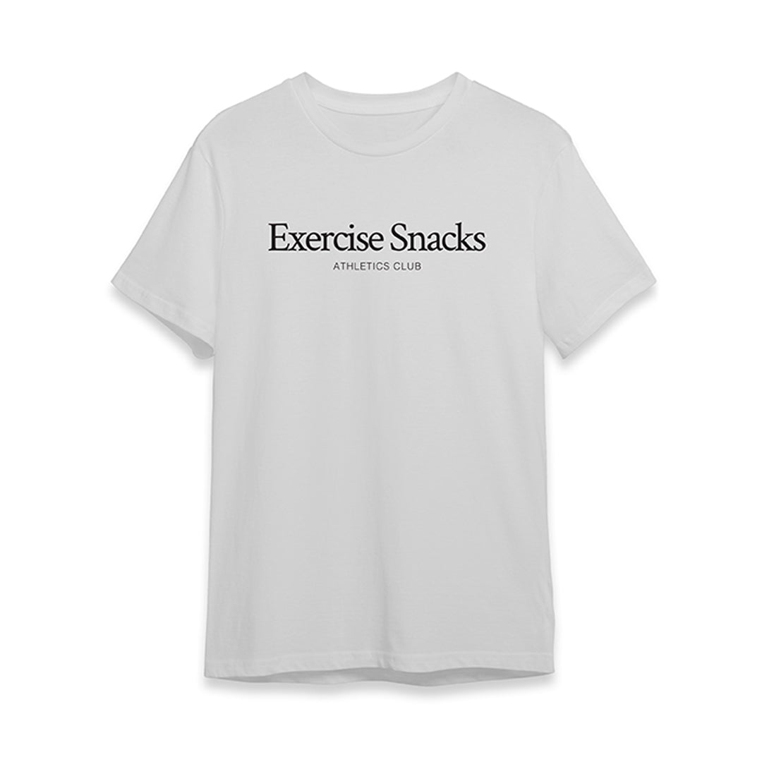 White t-shirt with 'Exercise Snacks Athletics Club' text on a white background