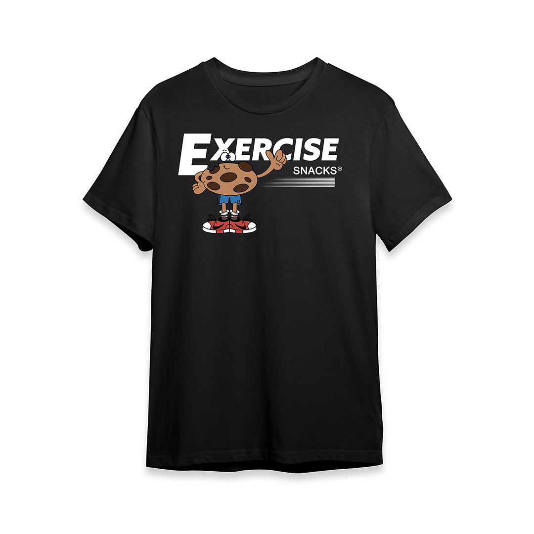 Black t-shirt with cartoon character and 'Exercise Snacks' text on a white background