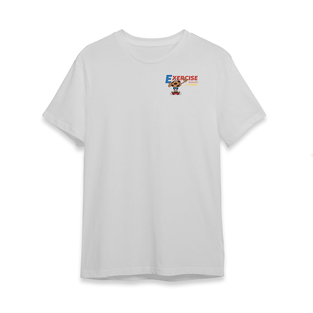 White t-shirt with a small graphic on the chest against a white background