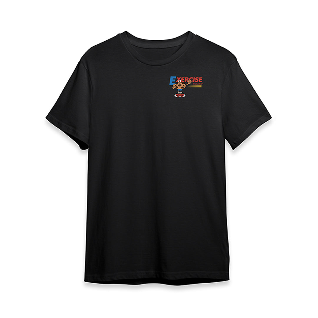 Black t-shirt with a small graphic on the chest against a white background
