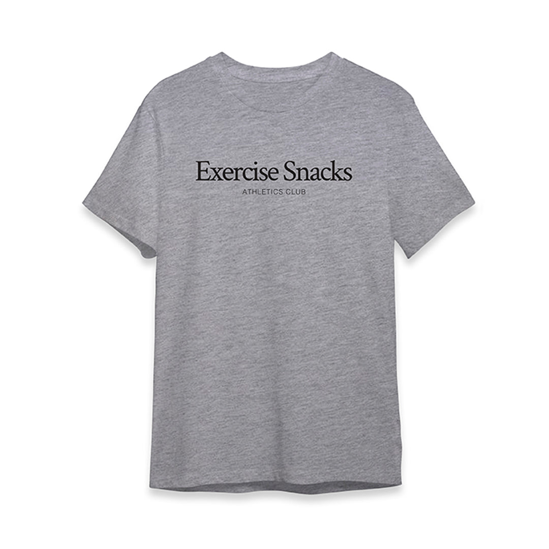 Gray t-shirt with 'Exercise Snacks Athletics Club' text on a white background