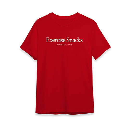 Red t-shirt with 'Exercise Snacks Athletics Club' text on a white background