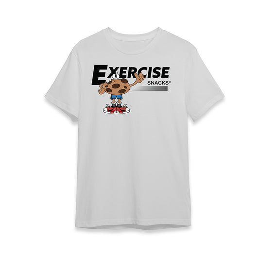 White t-shirt with cartoon character and 'Exercise Snacks' text on a white background