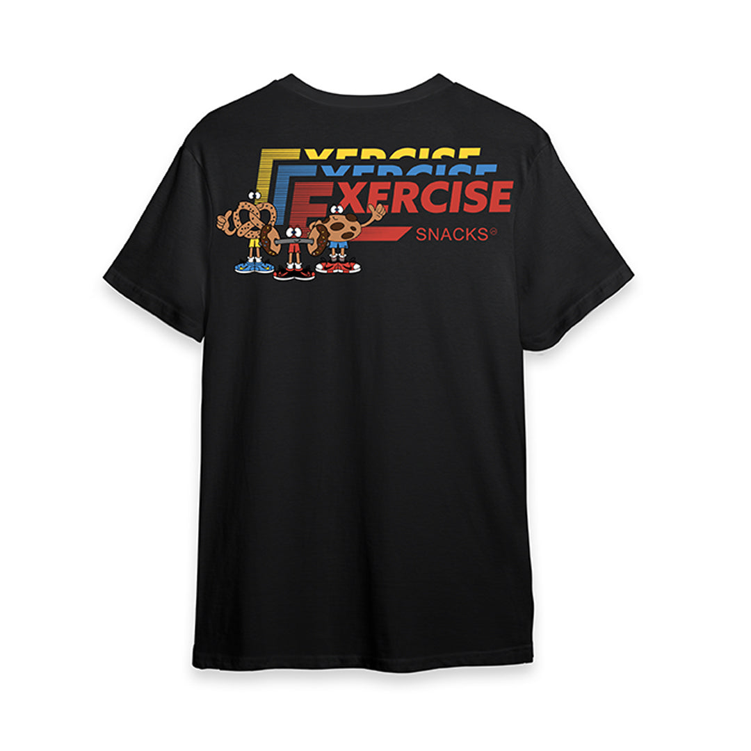 Black t-shirt with colorful graphic design on a white background