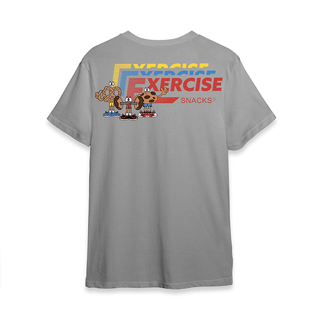 Gray t-shirt with a colorful graphic on the back featuring cartoon characters and text.