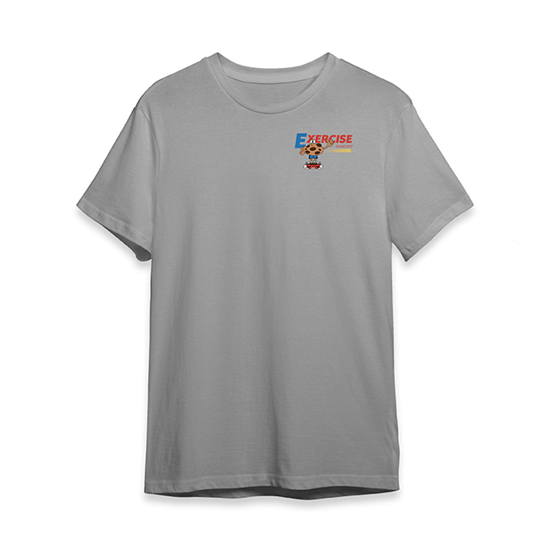 Gray t-shirt with a small logo on the chest against a white background