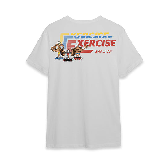 White t-shirt with cartoon characters and text on a white background